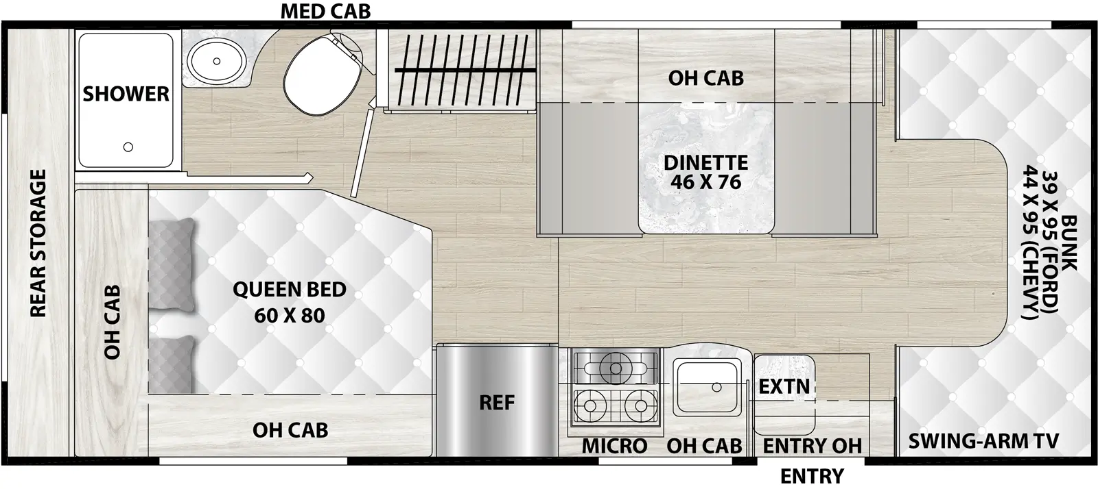 The Cross Trail 23XG has 0 slideouts and 1 entry door.  Interior layout from front to back; front cabover bunk with a swing arm TV; door side kitchen with microwave above stovetop, single sink and refrigerator;  off-door side dinette with overhead cabinets; rear door side foot facing queen bed with overhead cabinets and rear storage; rear off-door side bathroom with shower, sink, toilet with medicine cabinet.